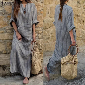 Suspiro - Vestido largo informal de rayas con cuello de pico