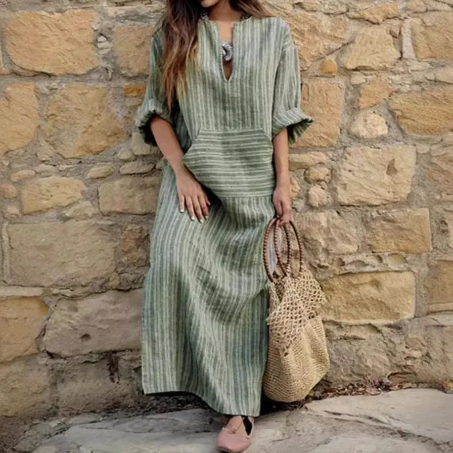 Suspiro - Vestido largo informal de rayas con cuello de pico